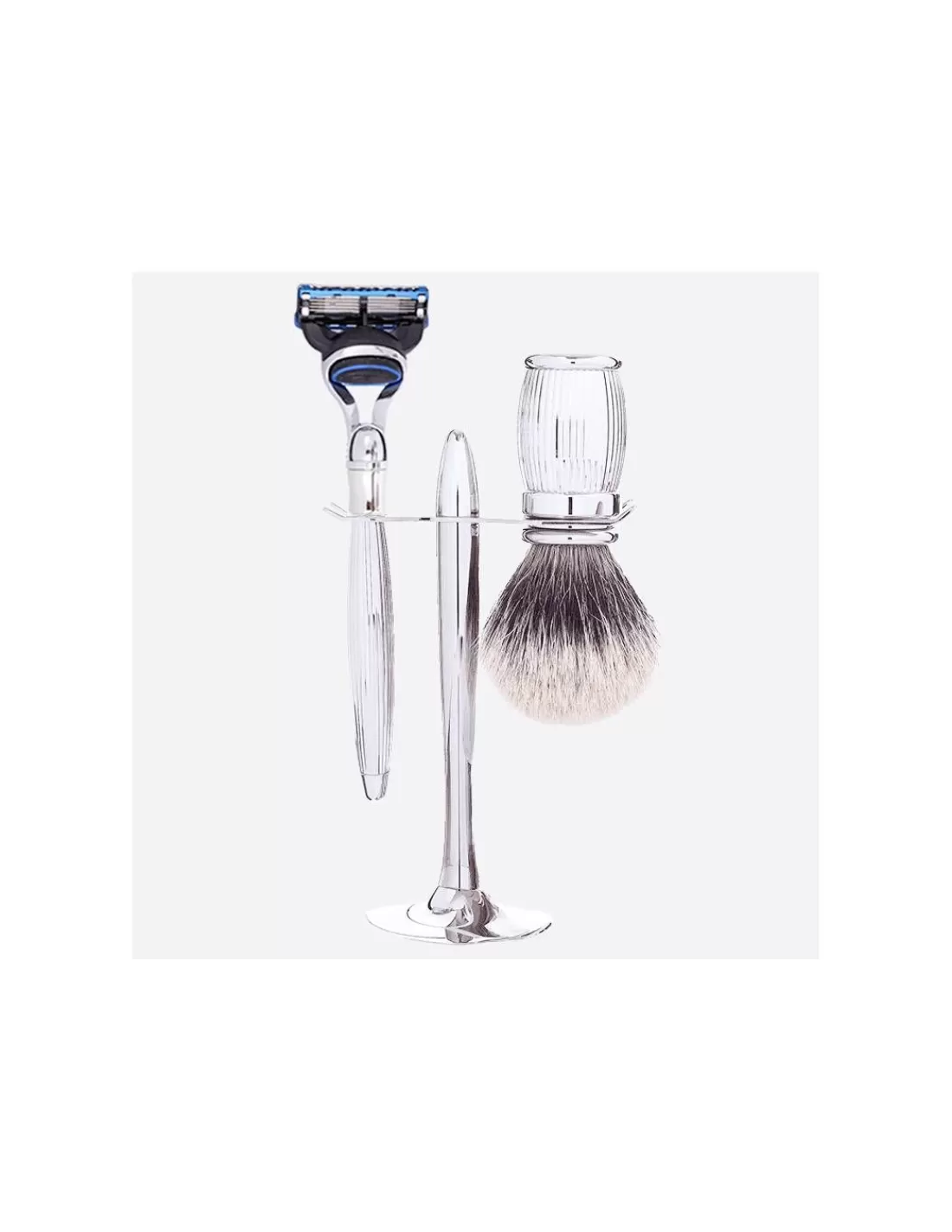 Outlet Coffret 3 Pieces : Blaireau, Rasoir Fusion Et Support - Godron Palladium Gris Europeen Coffrets De Rasage