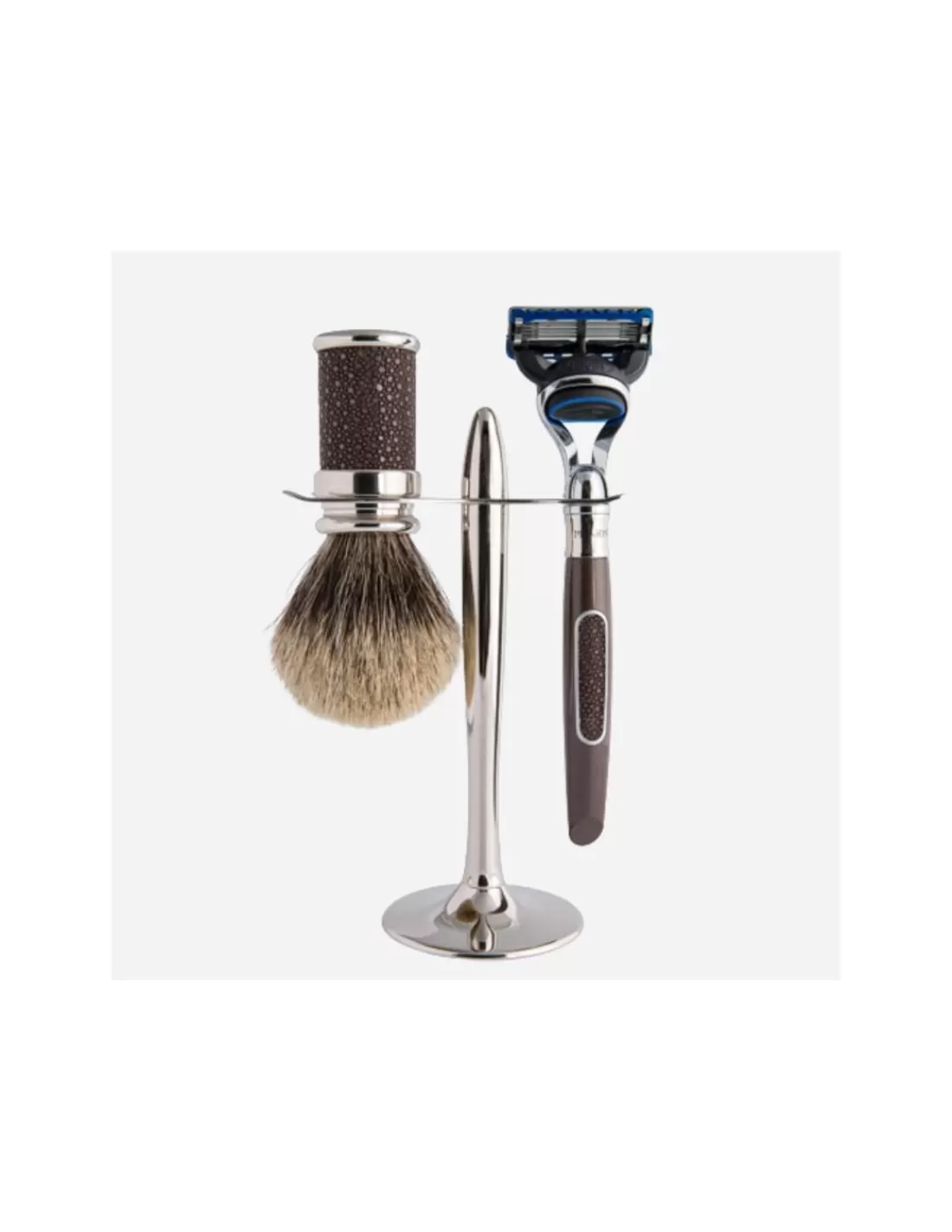 Best Sale Coffret De Luxe 3 Pieces Essentiel Sport Palladium Avec Support, Rasoir Fusion, Blaireau Galuchat Marron Et Touffe Gris Europeen Coffrets De Rasage